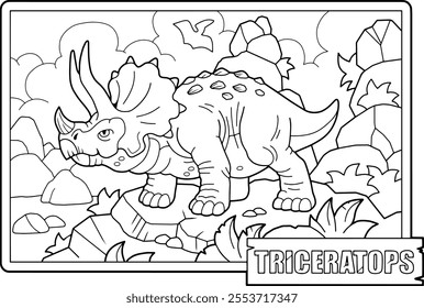 prehistoric dinosaur triceratops, coloring book for children, outline illustration