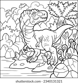 prehistoric dinosaur tyrannosaurus, contour illustration coloring book