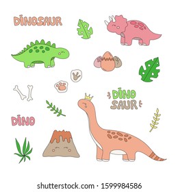 Prehistoric dinosaur vector illustration set. Hand drawn dinosaurs, volcano, plants, eggs, fossils and writings. Isolated.