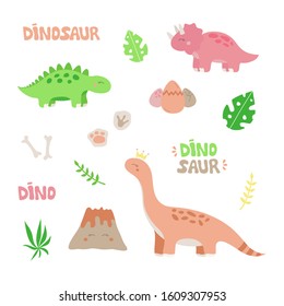 Prehistoric dinosaur vector illustration set. Hand drawn dinosaurs, volcano, plants, eggs, fossils and writings. Isolated.