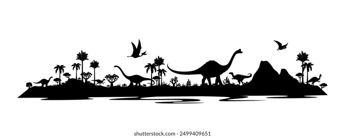 Prehistoric dinosaur vector silhouettes with jurassic dino animals and pterosaurs. Pelorosaurus, dimorphodon, vulcanodon and eoraptor dinosaurs, prehistoric mountains, jungle palm trees and cactuses