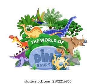 Prehistoric dinosaur world book cover. Vector vibrant and playful storybook cover with cartoon dino and hatching baby reptile at lush greenery landscape with colorful fun typography and stone plate