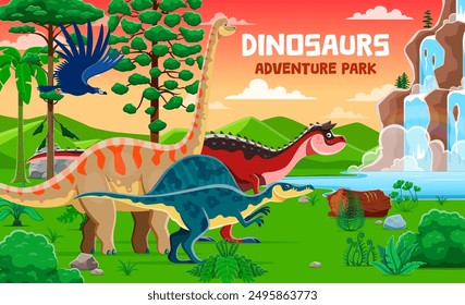 Prehistoric dinosaurs adventure park banner. Vector dino species, lush greenery and majestic waterfall cascading down a cliff. Vibrant world of dinosaurs, ancient reptiles at Jurassic era landscape