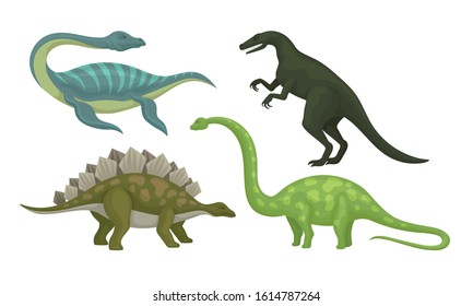 Prehistoric Dinosaurs Animals with Sharp Teeth and Tails Vector Set
