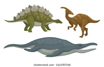 Prehistoric Dinosaurs Animals with Sharp Teeth and Tails Vector Set