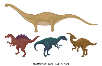 Prehistoric Dinosaurs Animals with Sharp Teeth and Tails Vector Set