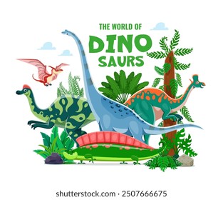 Portada del atlas de dinosaurios prehistóricos. Vector vibrante y juguetón Dino World Storybook cubierta con reptiles de dibujos animados en un exuberante paisaje verde con colorida tipografía divertida, piedras, helechos y árboles