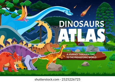 Prehistoric dinosaurs atlas book cover featuring dino creatures in a lush, prehistoric landscape. Vector atlas book cover with animal species representing a journey through time to the ancient world