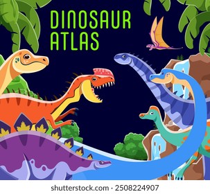 Cubierta prehistórica del atlas de los dinosaurios con los caracteres del lagarto del dinosaurio para el libro de la paleontología de los niños, fondo del Vector. Atlas de dinosaurios prehistóricos de la era del Jurásico o Cretácico con divertidos lagartos de dibujos animados