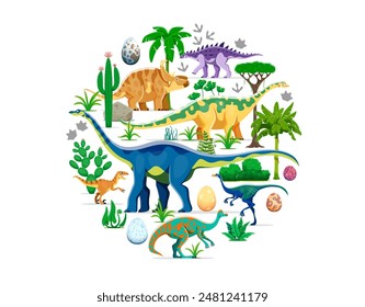 Prehistoric dinosaurs banner with cartoon vector dino characters in round isolated shape amidst a lush jurassic era landscape with palm trees, ferns, eggs, footprints, cacti plants and volcanic rocks