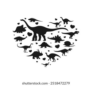 Banner de dinossauros pré-históricos com forma de coração e silhuetas de dino, vetor cartoon. Banner parque jurássico de crianças com lagartos dinossauros pré-históricos e répteis de T Rex e Velociraptor com corações