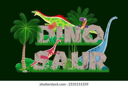 Prähistorische Dinosaurier-Banner mit Jurassic-Eidechsen im Waldpark, Vektorhintergrund. Zeichentrickbanner mit prähistorischen Dinosauriern und Riesenreptilien mit Steinfelsbuchstaben für Dinopark oder Museum