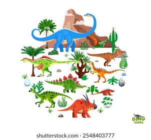 Anuncio de dinosaurios prehistóricos con lagartos jurásicos y personajes de dinosaurios, fondo de Vector. Divertido T-rex tiranosaurio y dinosaurios en el bosque de la selva para niños dino atlas mundial libro o enciclopedia