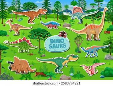 Prehistoric dinosaurs cartoon characters stickers pack. Jurassic tyrannosaur spinosaurus, parasaurolophus and ankylosaurus, brachiosaurus, stegosaurus, triceratops dinosaurs vector personages stickers