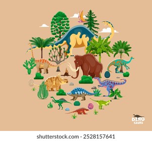 Prehistoric dinosaurs cartoon characters. Vector dino animal reptile species in round shape amidst a lush Jurassic or Mesozoic era landscape with palm trees, ferns, eggs, cacti plants and rocks