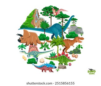 Dinossauros pré-históricos e lagartos jurássicos de desenho animado no parque do dino, faixa vetorial. Dinossauros engraçados, tiranossauro T rex com ovos na floresta selva da era Jurássica para crianças do parque paleontológico ou livro de dino