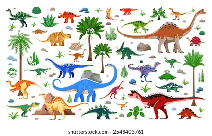 Prähistorische Dinosaurier, Cartoon Jurassic Eidechsen und lustige Dino, Vektorfiguren. Prähistorische Dinosaurier-Sammlung im Dschungelwald, Riesenreptilien, Raubtiere und Dino-Eidechsen mit Hörnern und Klauen