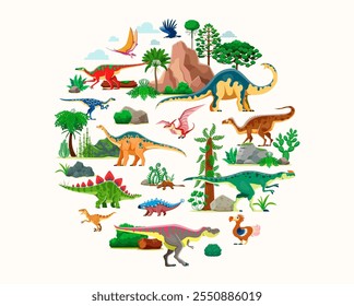 Prehistoric dinosaurs, cartoon vector dino characters in round isolated shape amidst Jurassic era landscape with palm trees, ferns , plants and rocks. Paleontology science reptile animal creatures