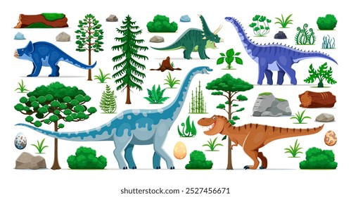 Personajes de dinosaurios prehistóricos y lagartos jurásicos en selvas forestales, Vector de dibujos animados. Animales extintos prehistóricos, reptiles y huevo de dinosaurio de T-rex tyrannosaurus para niños atlas libro o mundo dino