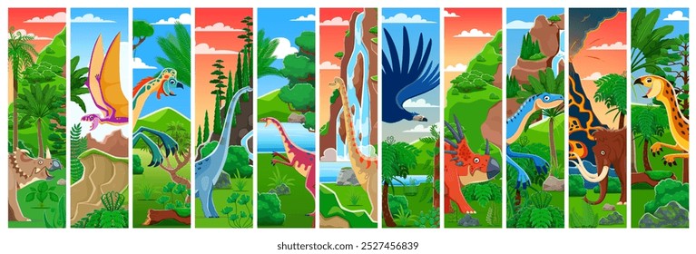 Collage de dinosaurios prehistóricos. Paneles de Vertical de Vector de dibujos animados con especies de dinosaurios en medio de paisajes tropicales con exuberante flora, evoca la aventura y la fascinación por la vida antigua, mostrando la era de los dinosaurios