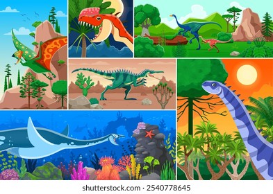 Colagem pré-histórica de dinossauros. Cenas vetoriais de desenhos animados com animais dino, elasmosaurus, tapejara, garudimimus, monolophosaurus, alvarezsaurus, hypselosaurus e spynosaurus em seus ambientes naturais