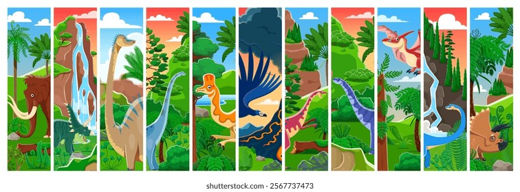 Prehistoric dinosaurs collage at jungle forest landscape vector background. Cartoon jurassic dino characters of prehistoric reptiles and birds, cute mammoth, pteranodon, triceratops and diplodocus