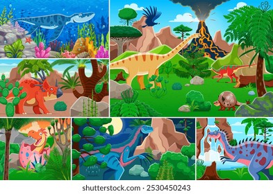 Prehistoric dinosaurs collage with Jurassic era lizards and cartoon dino characters, vector background. Dino world of giant lizards, reptiles and prehistoric birds in jungles with volcano eruption