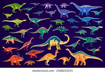 Prehistoric dinosaurs color scheme infographics. Vector set of colorful dino species, terrestrial carnivores, omnivores, herbivores creatures with vibrant colors. Ancient reptiles from Jurassic era