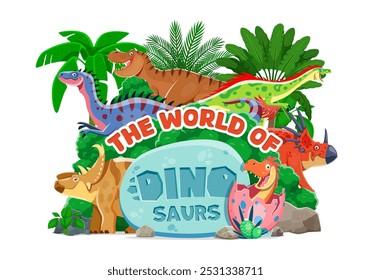 Dinossauros pré-históricos e bandeira do parque do dino com personagens de lagartos de desenhos animados engraçados, fundo vetorial. Bandeira de boas-vindas do parque mundial de dino jurássico para dinossauros pré-históricos ou museu de paleontologia