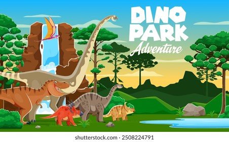 Dinossauros pré-históricos na paisagem do parque do dino com personagens de lagartos jurássicos, fundo de desenhos animados vetoriais. Crianças dino parque ou dinossauros atlas livro com T-rex engraçado e répteis pré-históricos na floresta