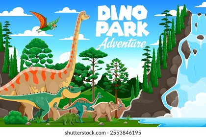 Prehistoric dinosaurs at dino park landscape vector background. Cartoon cute jurassic dinosaur characters in prehistoric forest with mountains and waterfall. Funny brachiosaurus, allosaurus, tapejara