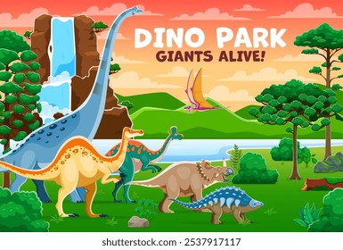 Prähistorische Dinosaurier Dino Park. Vector Jurassic Ära Abenteuerpark mit Dinosaurierarten inmitten üppiger grüner Landschaft mit majestätischen Wasserfall kaskadiert eine Klippe. Lebhafte Welt alter Reptilien