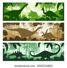 Prehistoric dinosaurs in forest silhouette landscape or Jurassic park, vector backgrounds. Cartoon prehistoric dinosaur lizards in jungle forest trees and silhouettes of stegosaurus and brontosaurus