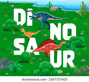 Prehistoric dinosaurs funny characters banner. Paleontology extinct animals, Jurassic era reptiles vector poster or banner with aralosaurus, ouranosaurus, velociraptor dinosaurs cute personages