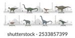 Prehistoric dinosaurs infographics on size, height, weight and length information, vector pixel art diagrams. Dinosaurs height scale infographics, comparison of Jurassic era giant lizards to to human