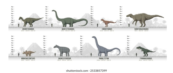 Prehistoric dinosaurs infographics on size, height, weight and length information, vector pixel art diagrams. Dinosaurs height scale infographics, comparison of Jurassic era giant lizards to to human