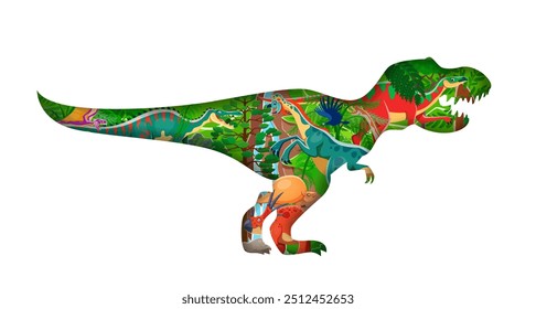 Dinosaurios prehistóricos dentro de la silueta de corte de papel T Rex, lagartos jurásicos de Vector. Tyrannosaurus T-rex marco con personajes de dinosaurios divertidos prehistóricos en el bosque de la selva de los lagartos o reptiles del parque jurásico