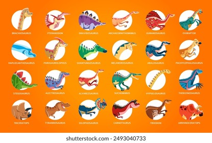 Prehistoric dinosaurs isolated round icons. Vector set of prehistoric dino species each labeled with its name in white circles. Ancient Jurassic or Mesozoic era herbivore and carnivore reptile animals