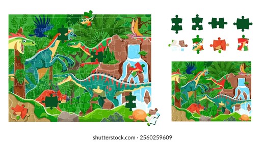 Prehistoric dinosaurs jigsaw puzzle game pieces. Cartoon vector educational worksheet engage preschool children to find matching shapes with dino animal species in tropical jungle forest landscape