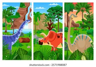 Prehistoric dinosaurs in jungle forest landscape. Vector vibrant vertical panels depicting cartoon dino species in a tropical rainforest, bursting with life, lush plants, waterfalls and ancient trees