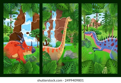 Dinosaurios prehistóricos en el bosque de la selva con palmeras y cascada. Divertidos animales jurásicos de dibujos animados personajes de styracosaurus, brachiosaurus y dinosaurios electrosaurus, fondo de la naturaleza prehistórica