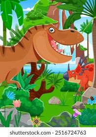 Dinosaurios prehistóricos en la selva con palmeras y fondo de Vector de cascada. Dibujos animados de tiranosaurio jurásico lindo y animales dino estiracosaurio. Paisaje de naturaleza prehistórica con dinosaurios