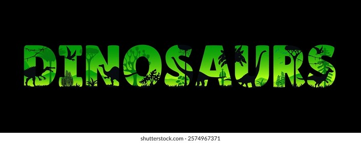 Prehistoric dinosaurs jungle sunset silhouettes. Paleontology and Jurassic era vector typography background, panoramic wallpaper with dinosaurs and prehistoric jungle forest plants sunset silhouettes