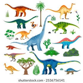 Dinosaurios prehistóricos y lagartos de dibujos animados jurásicos para niños colección de dinosaurios, juguetes de Vector. Divertidos dinosaurios lindos colección de amygalodon con titanosauria y trabosaurus para arqueología o educación