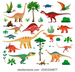 Dinosaurios prehistóricos y lagartijas de la era jurásica colección de dinosaurios divertidos, personajes de dibujos animados de Vector. Dinosaurios prehistóricos, aves y reptiles, styracosaurus y arrhinosaurus, tapejara y henodus