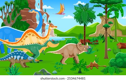 Dinossauros pré-históricos da era Jurássica na paisagem do parque do dino, fundo vetorial. Dinossauros desenhos animados engraçados e personagens de lagartos pré-históricos na selva jurássica ou floresta para crianças do parque paleontológico