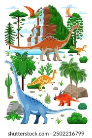 Prehistoric dinosaurs in jurassic forest vector banner with waterfall, mountain and jungle trees. Cartoon titanosauria, plesiosaurus, styracosaurus and dimorphodon dino characters, palms and cactuses