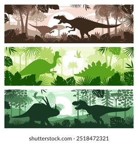 Dinossauros pré-históricos, banners de paisagem da natureza da floresta jurássica e silhuetas vetoriais de animais dino. Tiranossauro, estiracosauro, neovenador, dimorfodon e psittacosauro, palmeiras da selva, sol