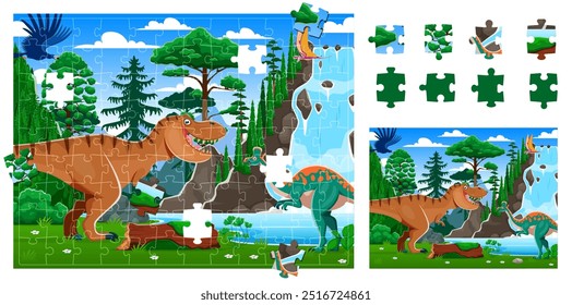 Dinossauros pré-históricos paisagem quebra-cabeça peças de jogo. Cartoon vetor crianças enigma planilha com t-rex, voando e um dino herbívoro na floresta exuberante com uma cachoeira e céu azul no fundo