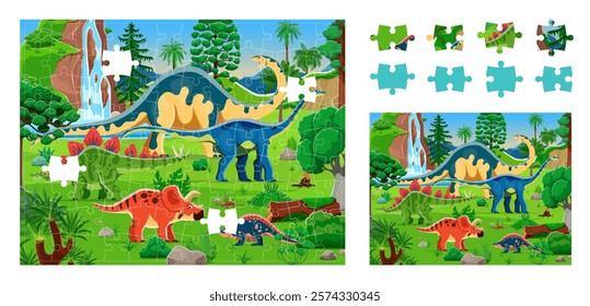 Prehistoric dinosaurs landscape jigsaw puzzle game pieces, vector worksheet. Kids jigsaw puzzle game to find and match cutout pieces of picture with Jurassic dinosaurs, funny dino lizards and reptiles